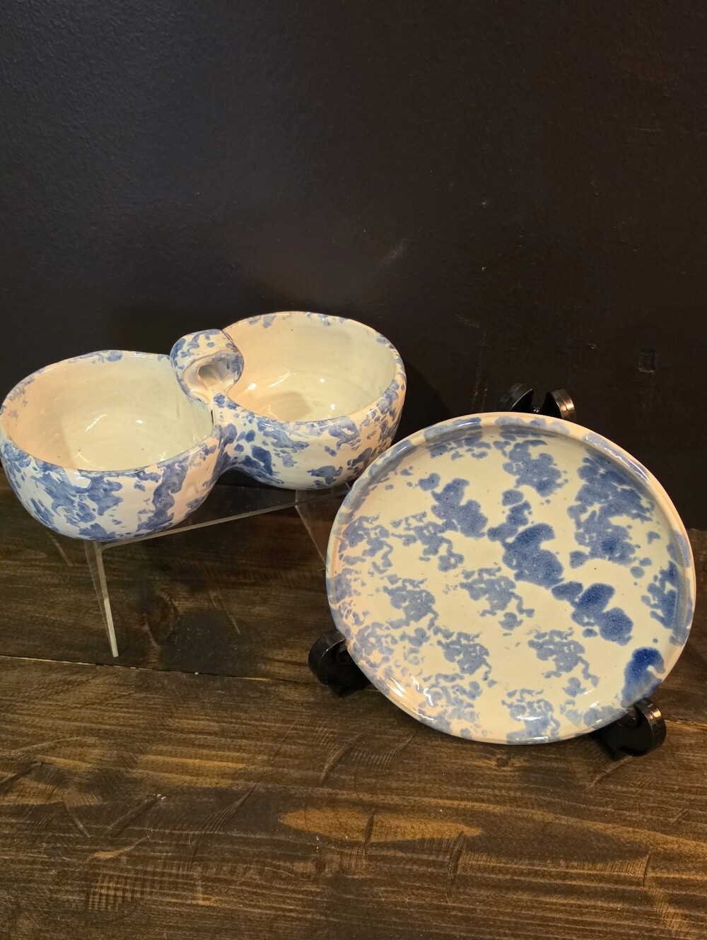 Vtg Bybee Pottery Blue Spongeware Set Divided Condiment Dish & 6" Bread Plate